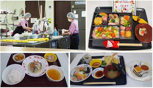 食事を用意しているスタッフの写真と3種の食事例