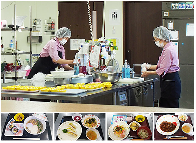 調理を行っている管理栄養士スタッフの写真といくつかの食事例の写真